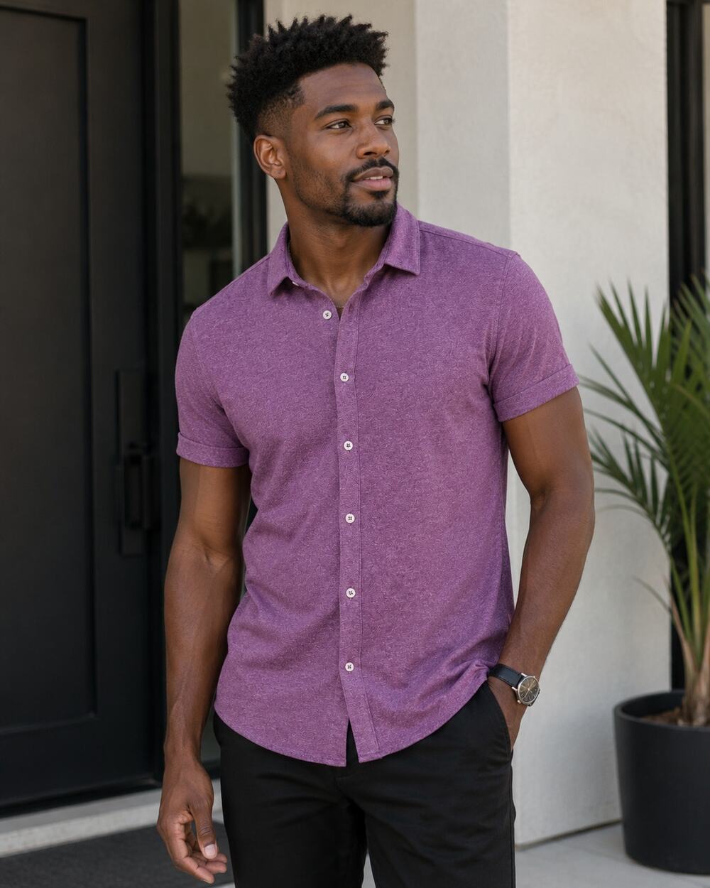 Apt 9 Premier Flex Raspberry Button Up Short Sleeve Shirt L
